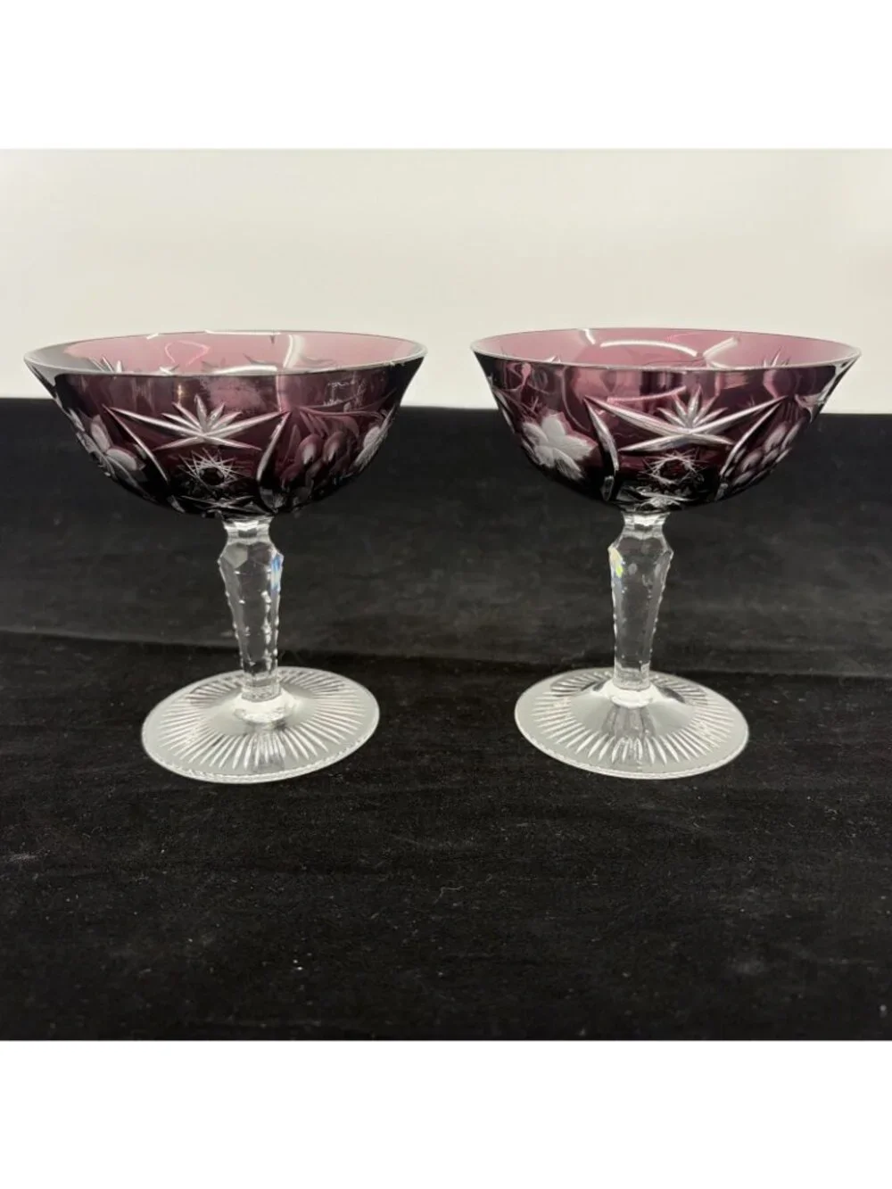 Vintage Ajka Marsala Amethyst Cut to Clear Sherbet Champagne Coupe Set of 2 4.75